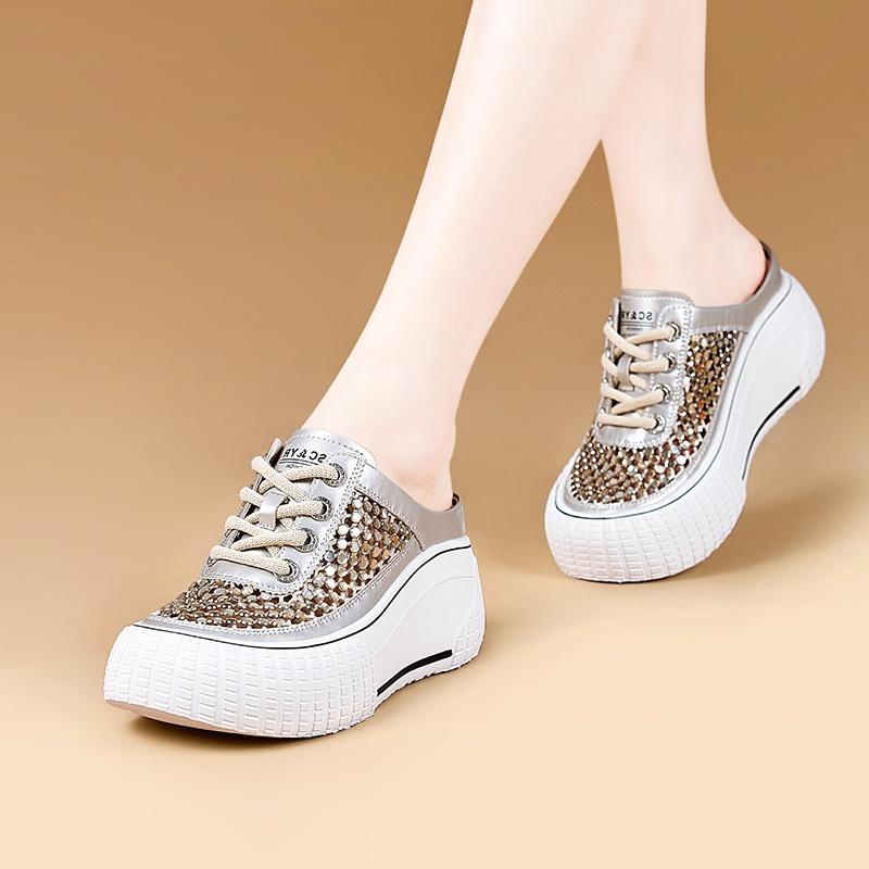 Summer rhinestone mesh breathable little white shoes women's popular mesh thick sole heightening muffin bottom casual half tray
