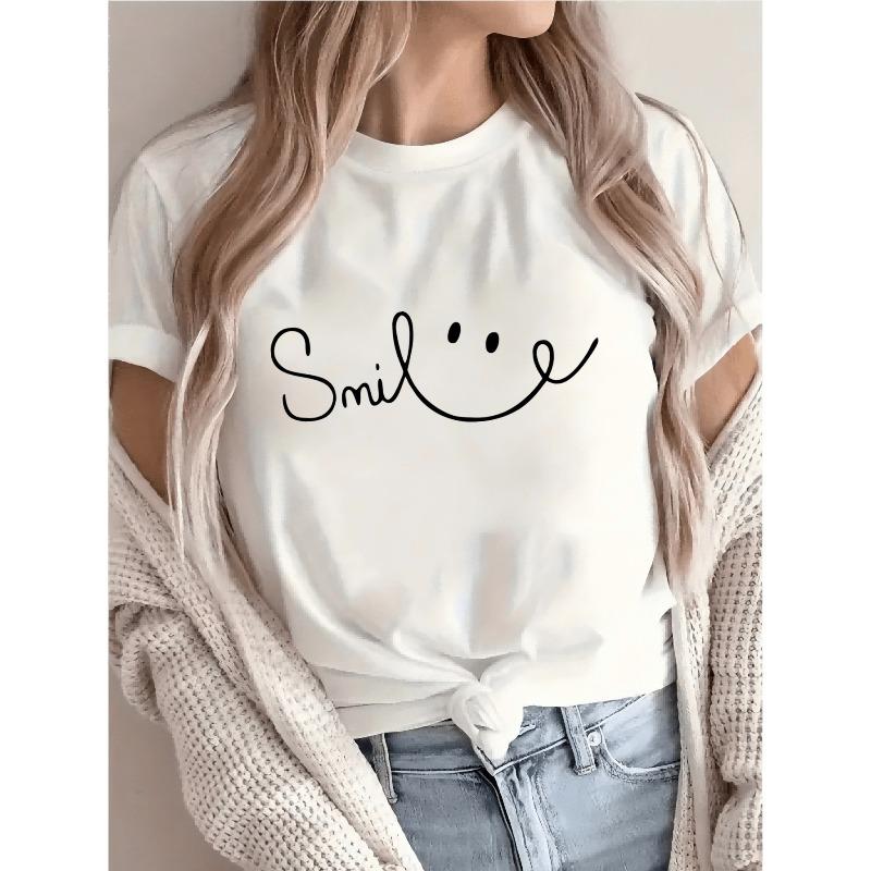 Women's Smile Print Tee Round Neck Short Sleeve Machine Washable Spring Summer Casual Comfortable Top