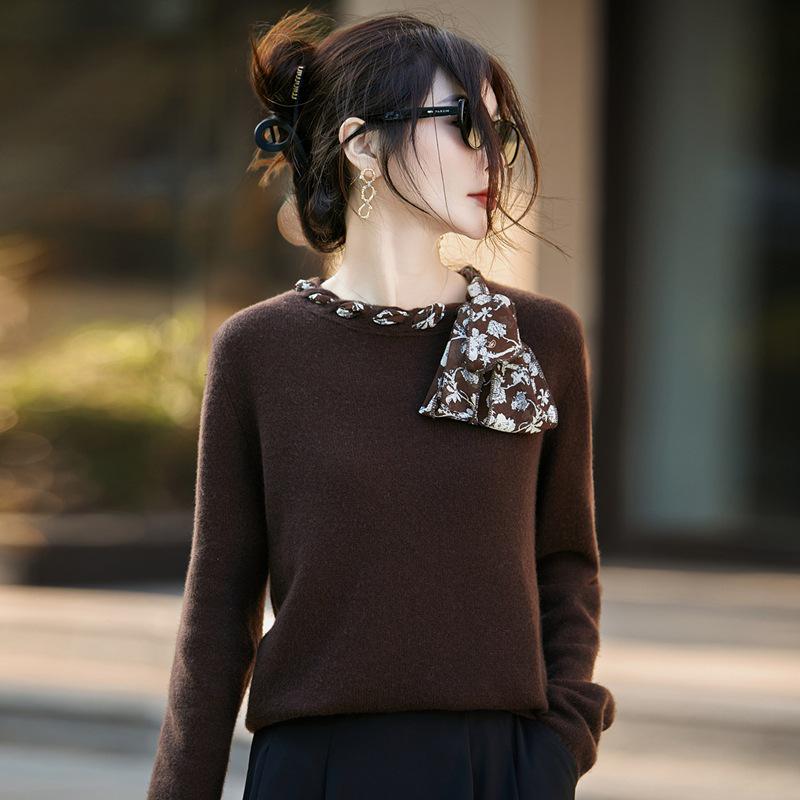 2025 Autumn/Winter Women's Loose Round Neck Ribbon Knit Sweater - Long Sleeve, Cozy Wool Jumper, Elegant Ladies' Top