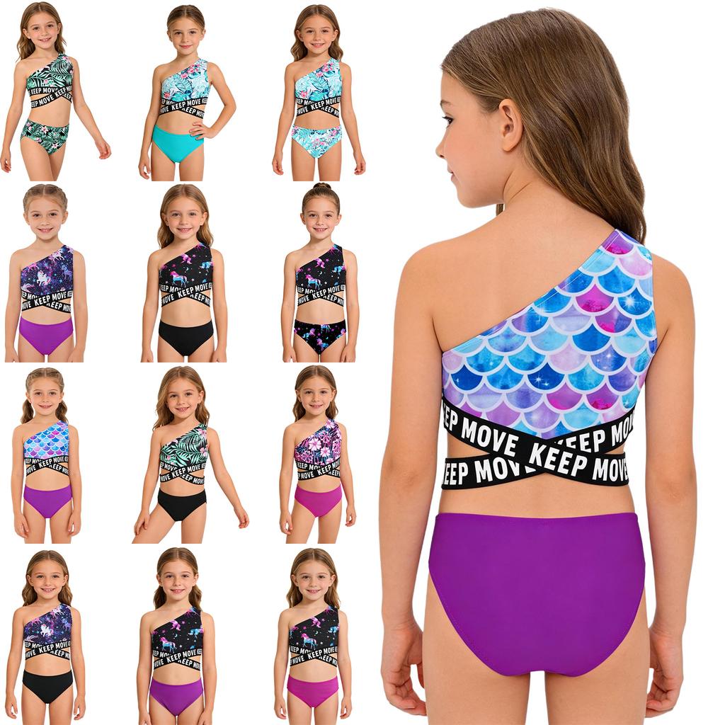 Set de traje de baño de 2 piezas para niñas: Top Corto Asimétrico de un Solo Hombro con Estampado de Tiras Cruzadas con Braguita a Juego para Piscina Playa
