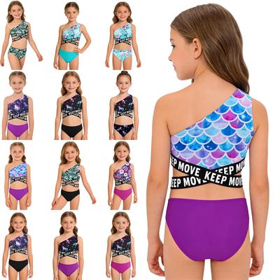 Asymmetriskt enaxlat Croptop & Trosset Set för Flickor: Korsbandad Tryckt Design 2-delad Baddräkt för Strand Pool Simning