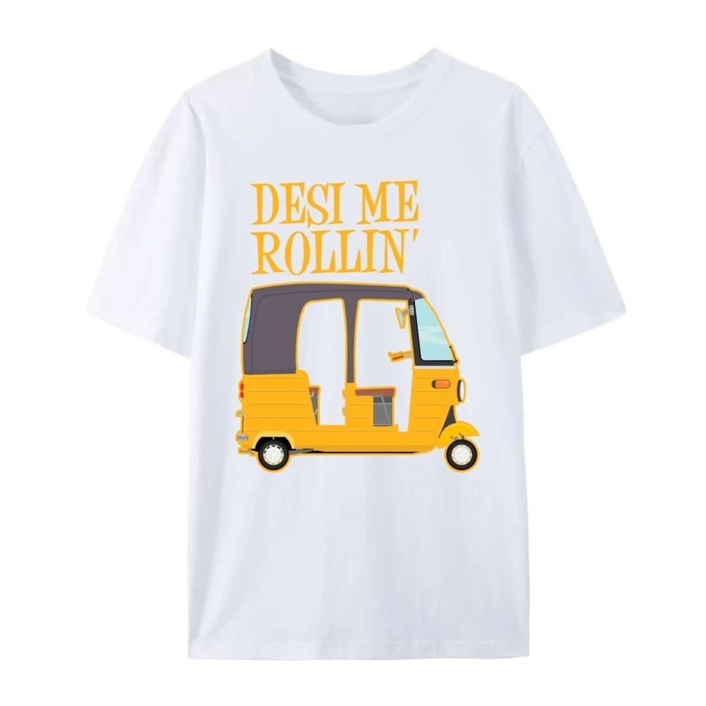 Cute cartoon tricycle letter Desi Me Rollin printed pattern fashionable casual short sleeved round neck Womens Tshirt