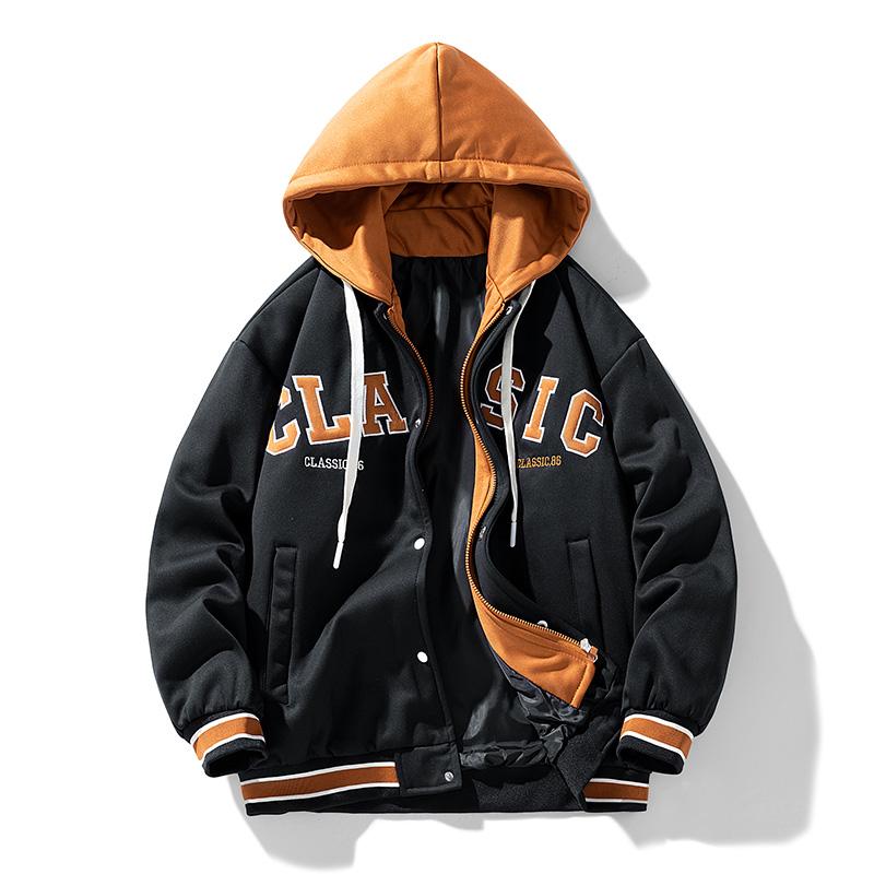Spring and Autumn Men's Hooded Zipper Fashion Baseball Fake Two-piece Jacket Embroidered Fashion Couple Coat