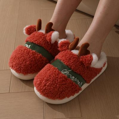 Mode Weihnachten Elch Baumwollpantoffeln Damen Rutschfest Warm Zuhause Baumwollpantoffeln Indoor Weiche Sohle Verdickte Samt Fellpantoffeln Frau