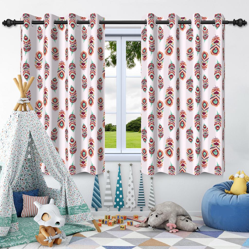 2pcs Feather Pattern Window Curtains Elegant Style Home Bedroom Living Room Blackout Curtains Thermal Insulation Washable Fabric