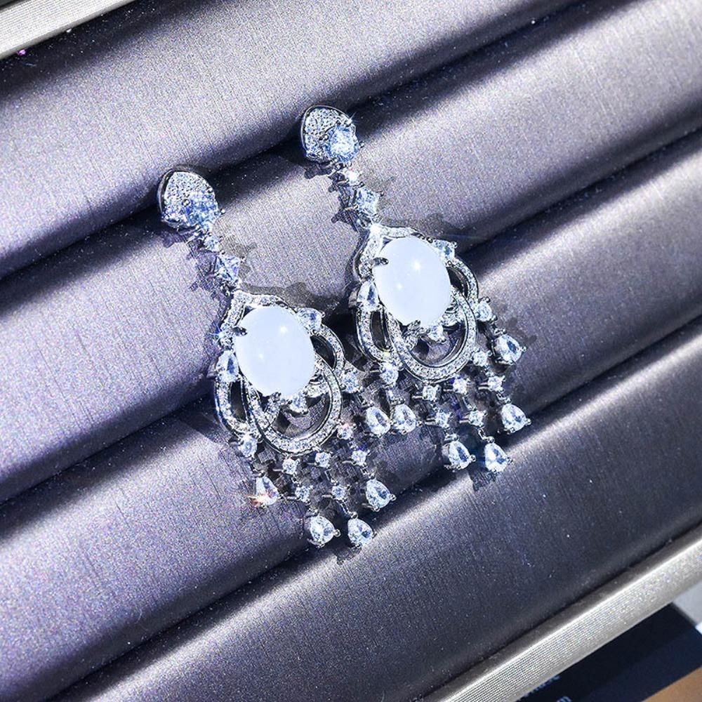 

Elegant Imitation Emerald Chalcedony Earrings with Hetian White Jade Drops for Women