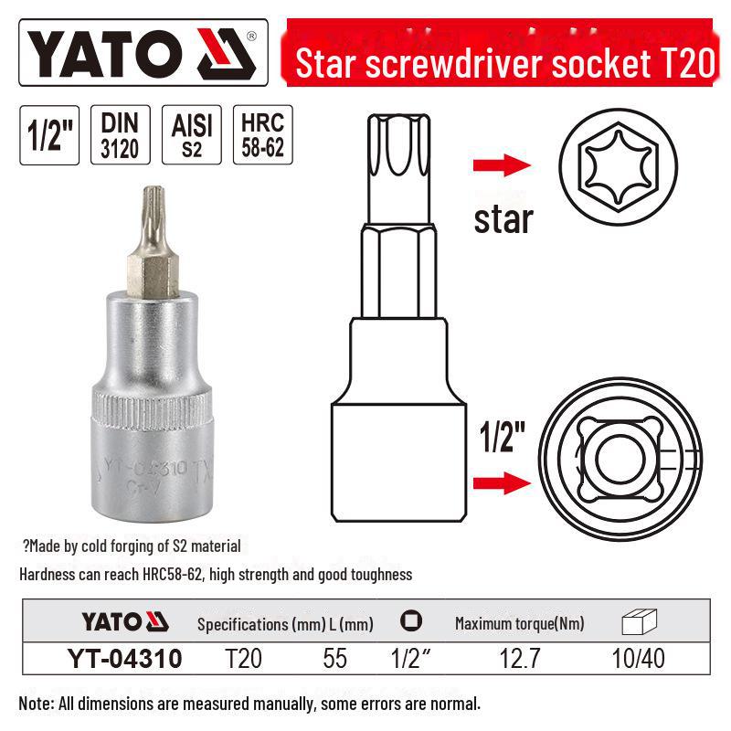 YATO 1/2" Star Screwdriver Socket Set, Chrome Vanadium Steel, S2 Head