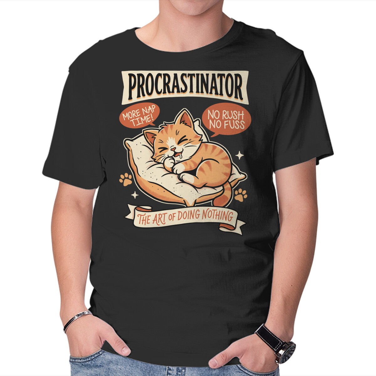 Unisex Crew Neck T-Shirt Procrastinator Cat Graphic Short Sleeve Casual Tee XXXXL