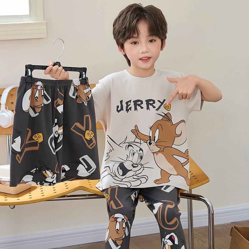 Boys Cotton Short Sleeve 3-Piece Pajama Set Sleepwear Kids Teens Cartoon Print Lightweight Home Wear