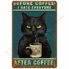 Svart Katt Kaffe Metallskylt Retro Humor Text Inredning 20x30cm