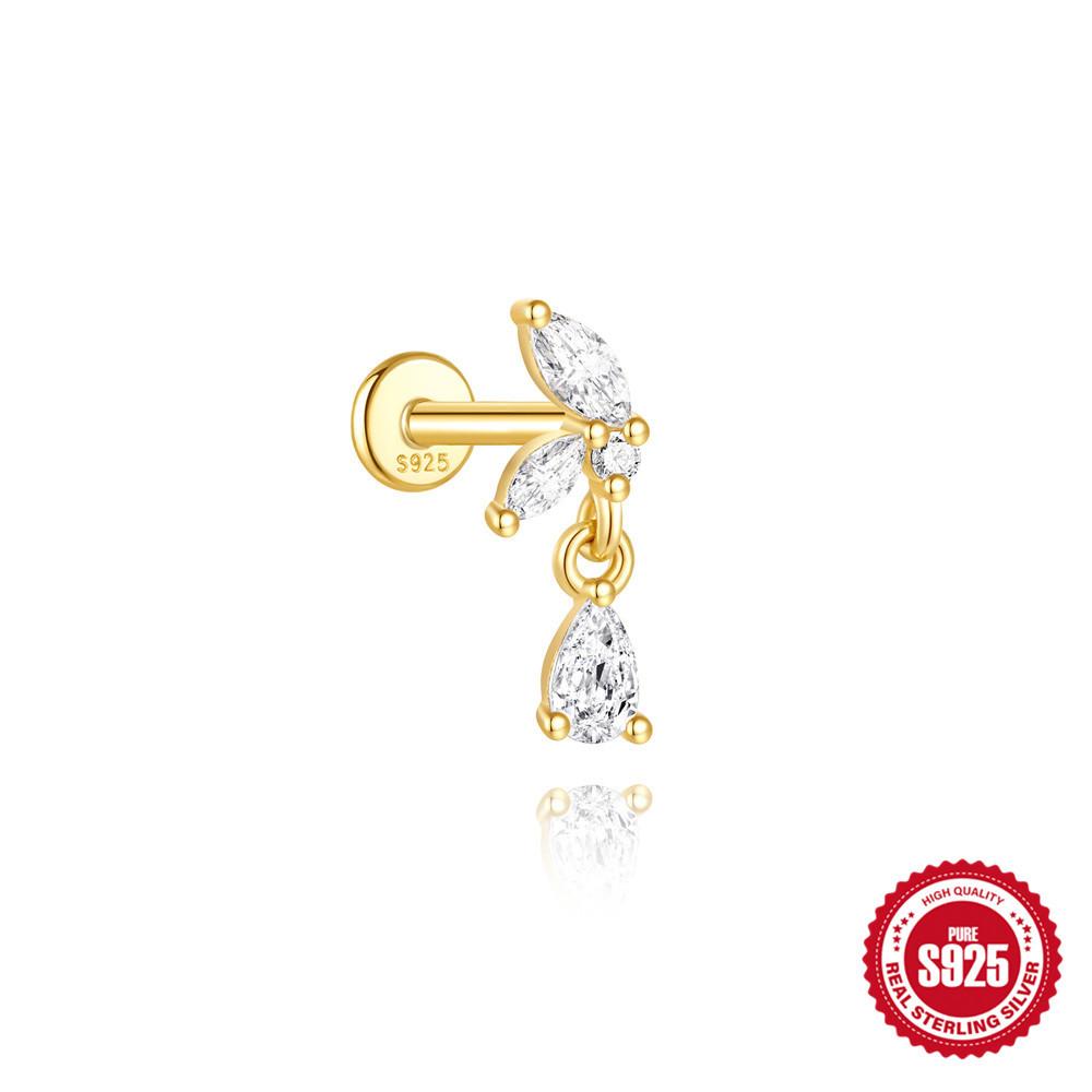 Classic 925 Silver Eight Pointed Star Snake Flower Inlaid Diamond Cartilage Earring 16G Flat Back Stud Piercing Minimalist Fashion