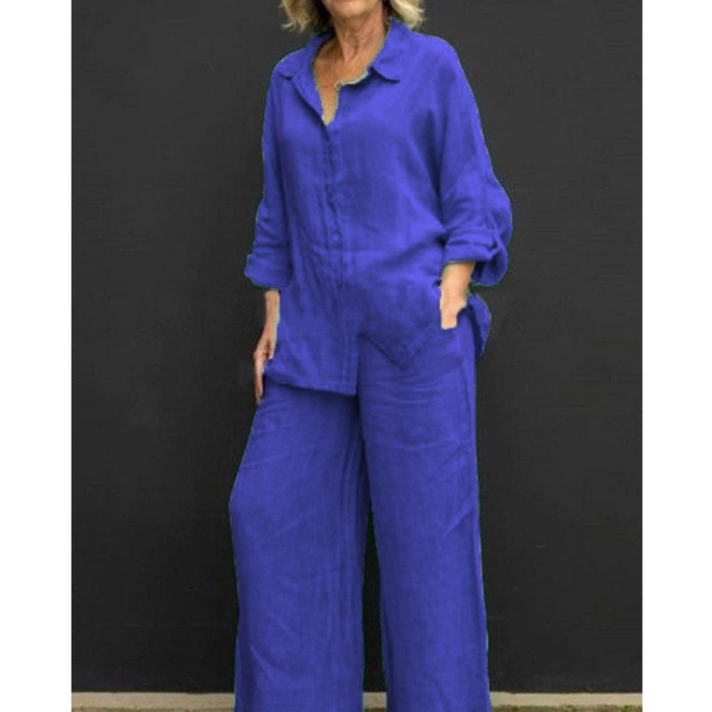 Damen Casual Langarm Knopfleiste Cardigan Hemd und Weite Hosen Set Lockerer Sitz Zweiteiliges Outfit Geeignet für den täglichen Gebrauch