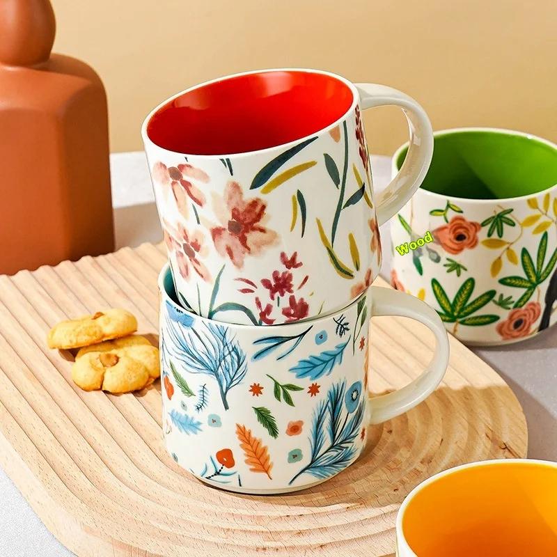 Floral Glaze Bird Pattern Ceramic Mug Handmade Household Coffee Mugs Large Capacity Anti-scald Breakfast Oatmeal Milk Tea Cup
