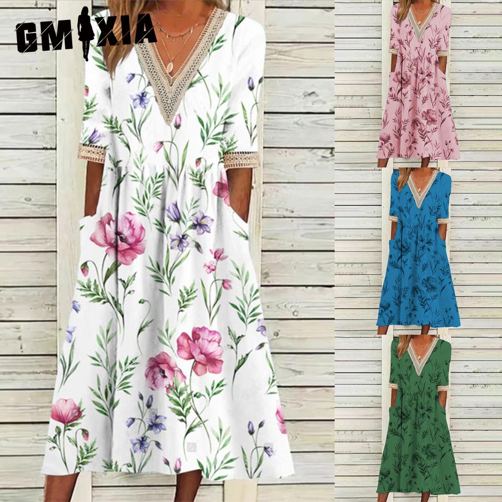 GMXIA Dames Mode Zomer Lente 2/1 Mouw V-Hals Casual Jurken