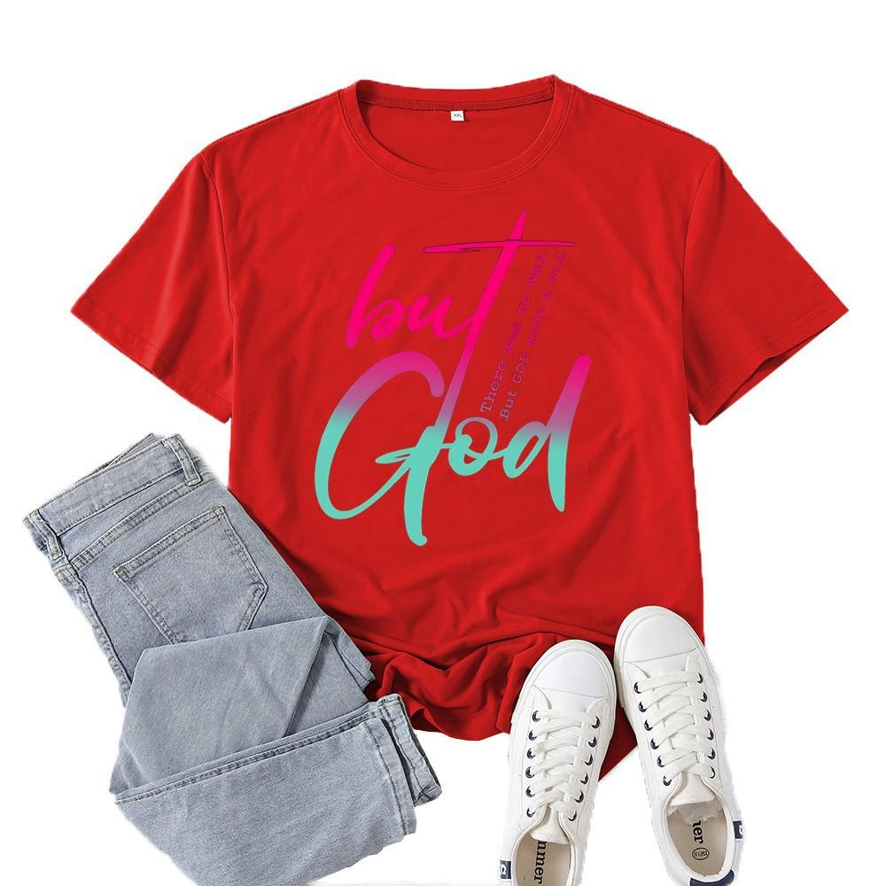 Polyester 100% New Best-selling But God Letter-printed Short-sleeved Women's Casual Spring and Summer Casual Round Neck Summer