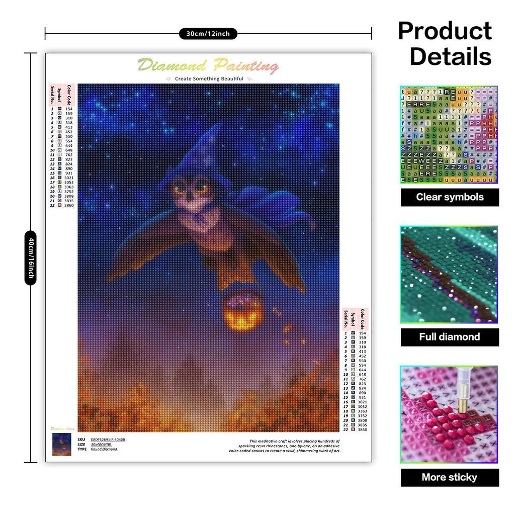 5D Diy Diamond Painting Animal Owl Full Round Painting Pumpkin Mosaic Embroidery Halloween Handmade Gift 30x40cm/12x16inch