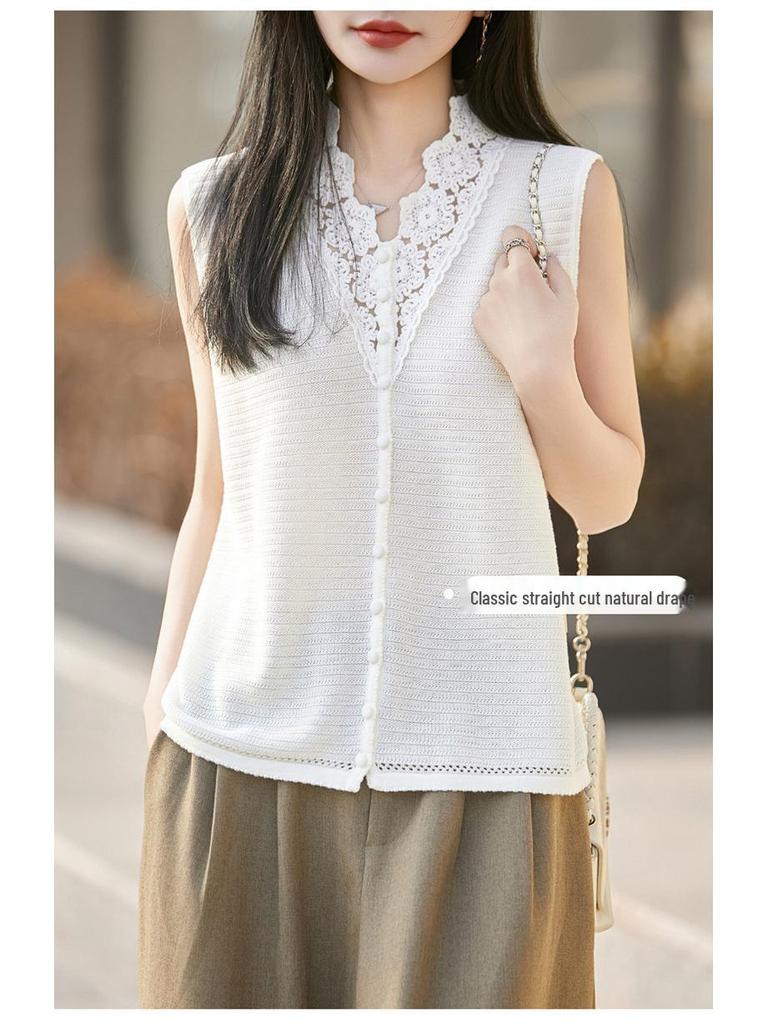 2026 Spring/Summer Women's Silk Wool V-Neck Sleeveless Knit Vest with Hollow Crochet Design