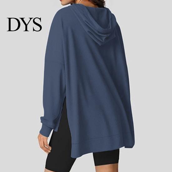 Waffle Texture Women Hoodie Fall Spring Big Pocket Drawstring Hooded Loose Slit And Autumn For Hem Pure Color Knitted Sportwear Top Warm Winter