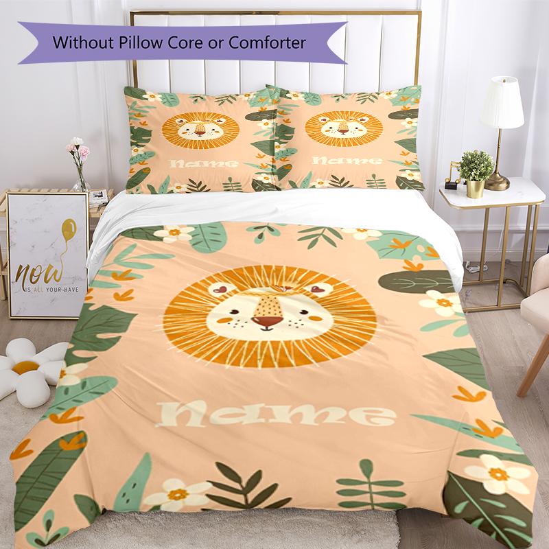 3pcs Custom Name Lion Bedding Set Duvet Cover Closure Includes 1 Duvet Cover & 2 Pillowcases, Soft and Comfortable for All Seasons.