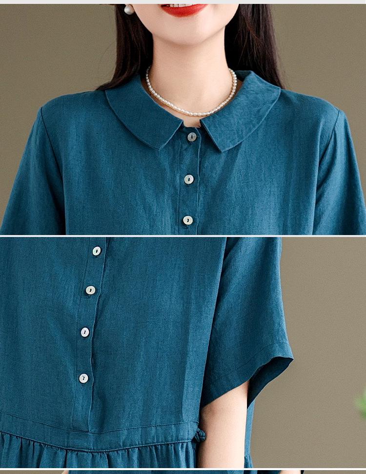 2024 Summer Japanese Style Cotton-Linen Polo Collar Midi Dress for Women