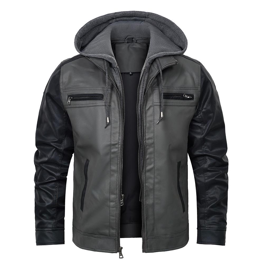 

European Autumn Patchwork Trendy Plus Size PU Leather Jacket with Detachable Hood EU 2XL чорний