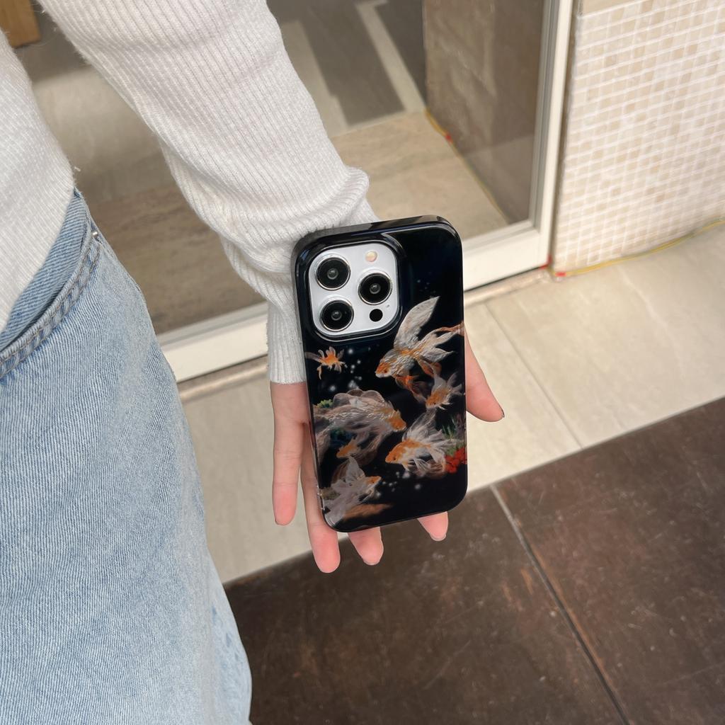 High-Quality Luckly Koi Goldfish Beautiful Sparkle Black Glossy Glacial Texture Cover Case for iPhone 12 13 14 15 16 17 Pro Max
