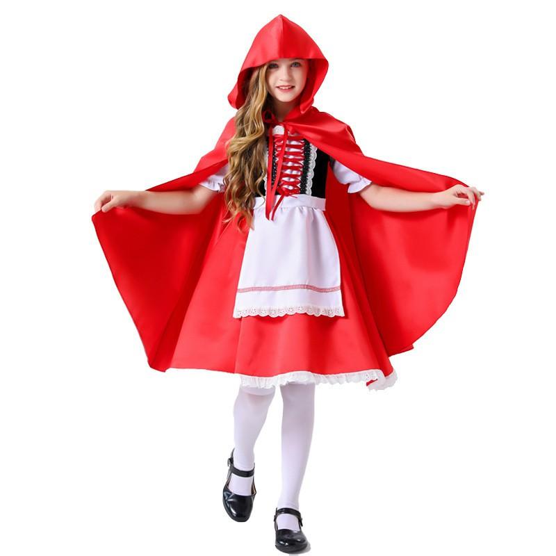 Kids Girls Halloween Costume Little Red Riding Hood Dress With Cape Sweet Vintage Cosplay Outfit Party Performance