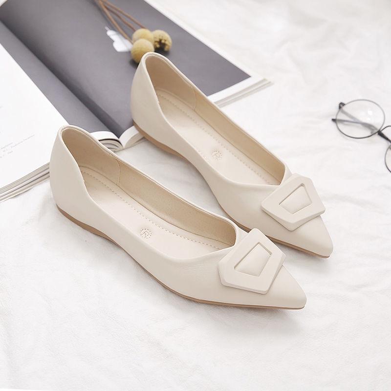 Pointed thick-heeled single shoes temperament new spring and autumn versatile flat-soled ladyshoes soft-soled black flat-heeled work shoes 35