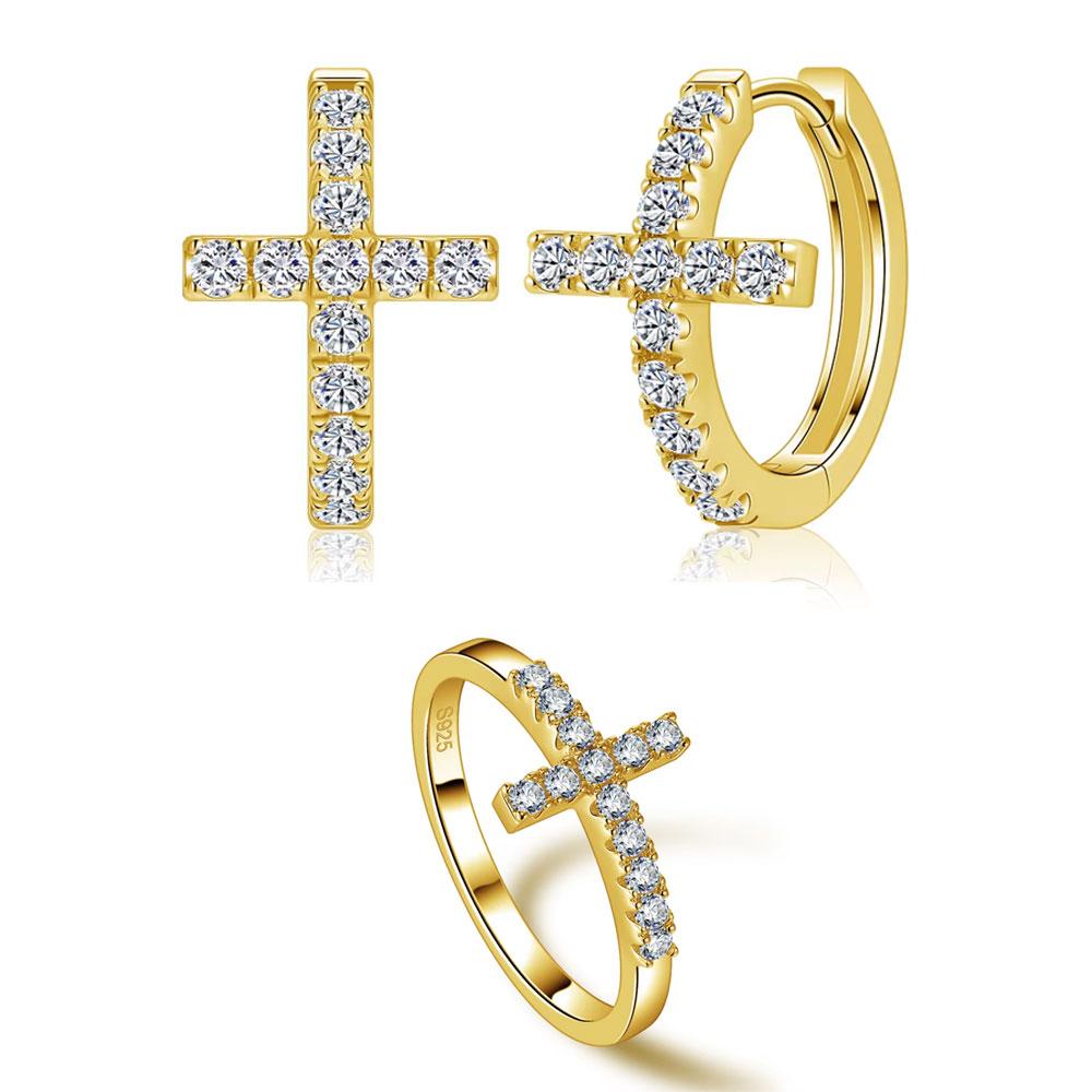 M-JAJA Moissanite Cross Wedding Band Hoop Earrings S925 Silver for Women Gold Plated Fine Jewelry Set Party Gifts