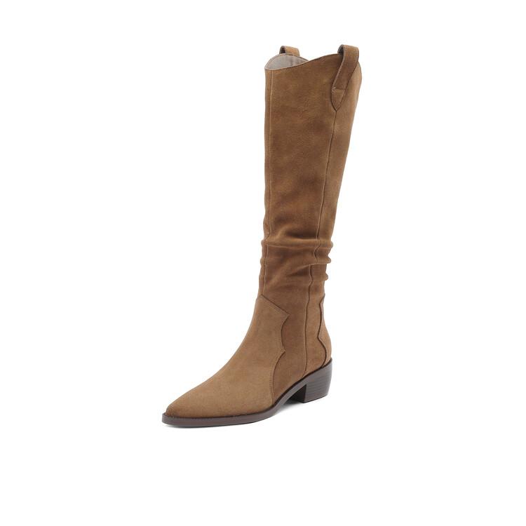 Módní nové kozačky nad koleno Dámské podzimní zimní boty Hovězí semiš Špičatá špička Dámské boty Robustní podpatek Boty pro ženy Vysoké boty Ručně vyráběné