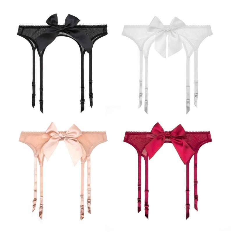 Women Sexy Mesh High Waist Garter Belt with 4 Adjustable Clip Cute Bowknot Corsets Suspender Belt for Stockings Lingerie