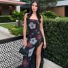 Amerikanische Damenbekleidung Xia Xin Bedrucktes Netz-Einsatz One-Shoulder-Kleid Enganliegend Ärmellos Mit Schlitz