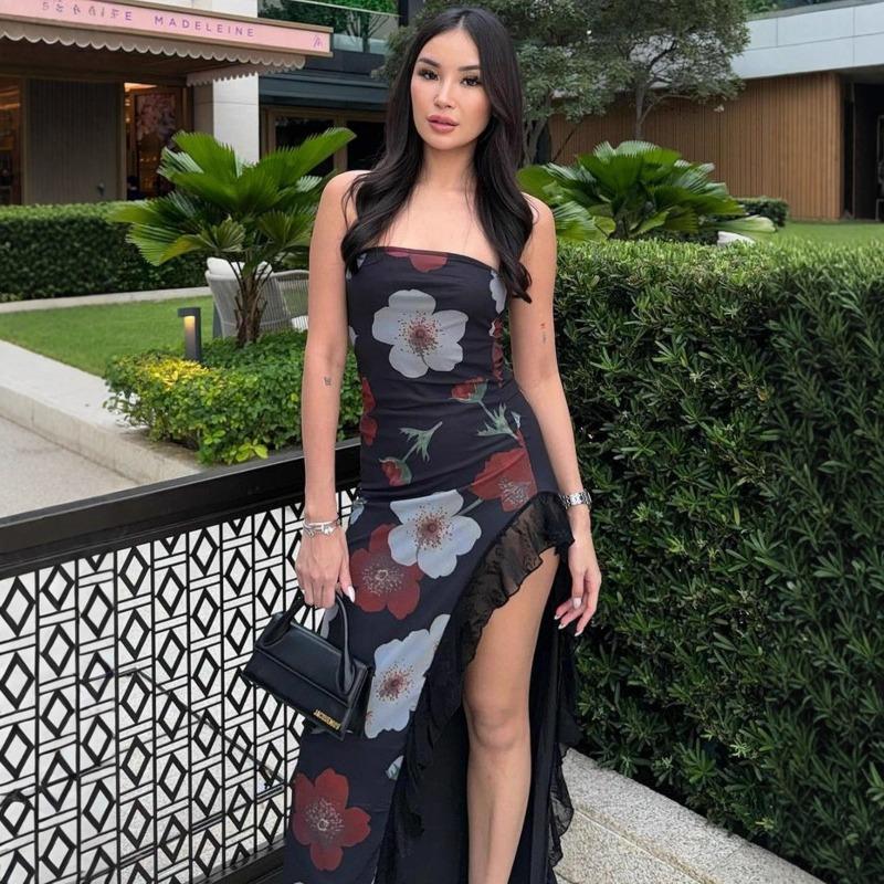 Amerikanische Damenbekleidung Xia Xin Bedrucktes Netz-Einsatz One-Shoulder-Kleid Enganliegend Ärmellos Mit Schlitz