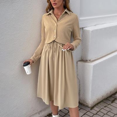 Women  Fashion Solid Color Dress  Autumn Two-piece Long Sleeve Lape Loose Shirt Skirts Women Party Dress