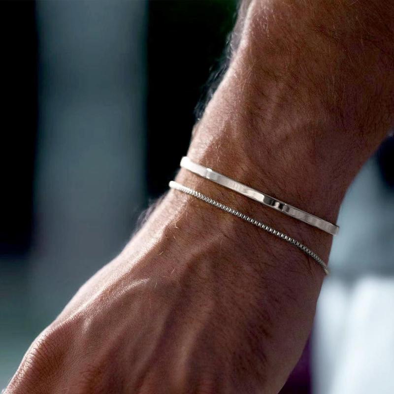 Stackable Bracelets for Men, 925 Silver/14K Gold Plated Bracelet Sets Dainty Cuff Bangle Box Cuban Link Bracelets