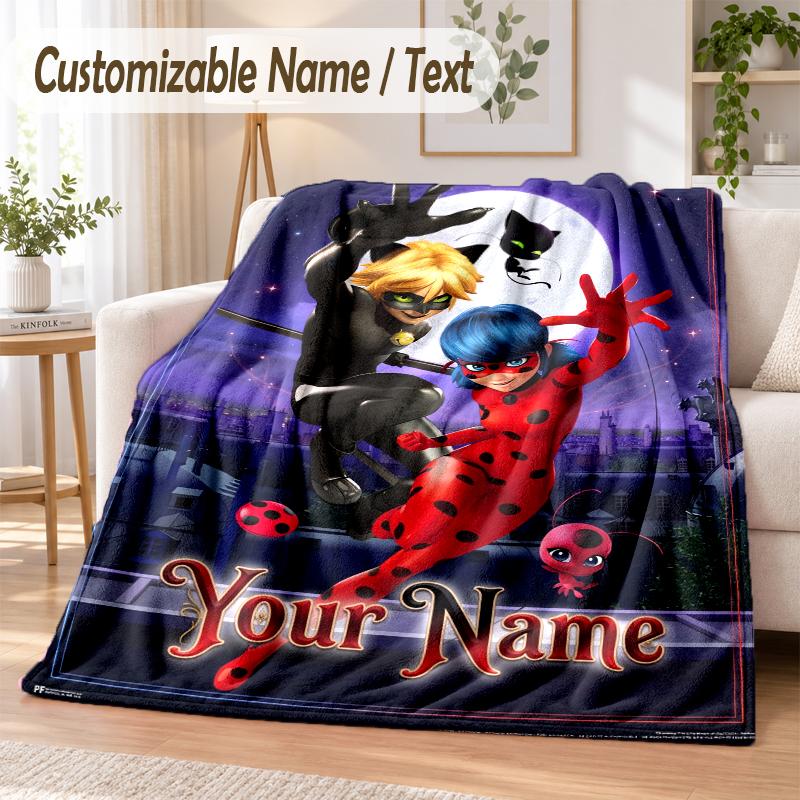 Miraculous Ladybug Custom Name Flannel Throw Blanket Soft Warm for Sofa Bed Indoor Home Use