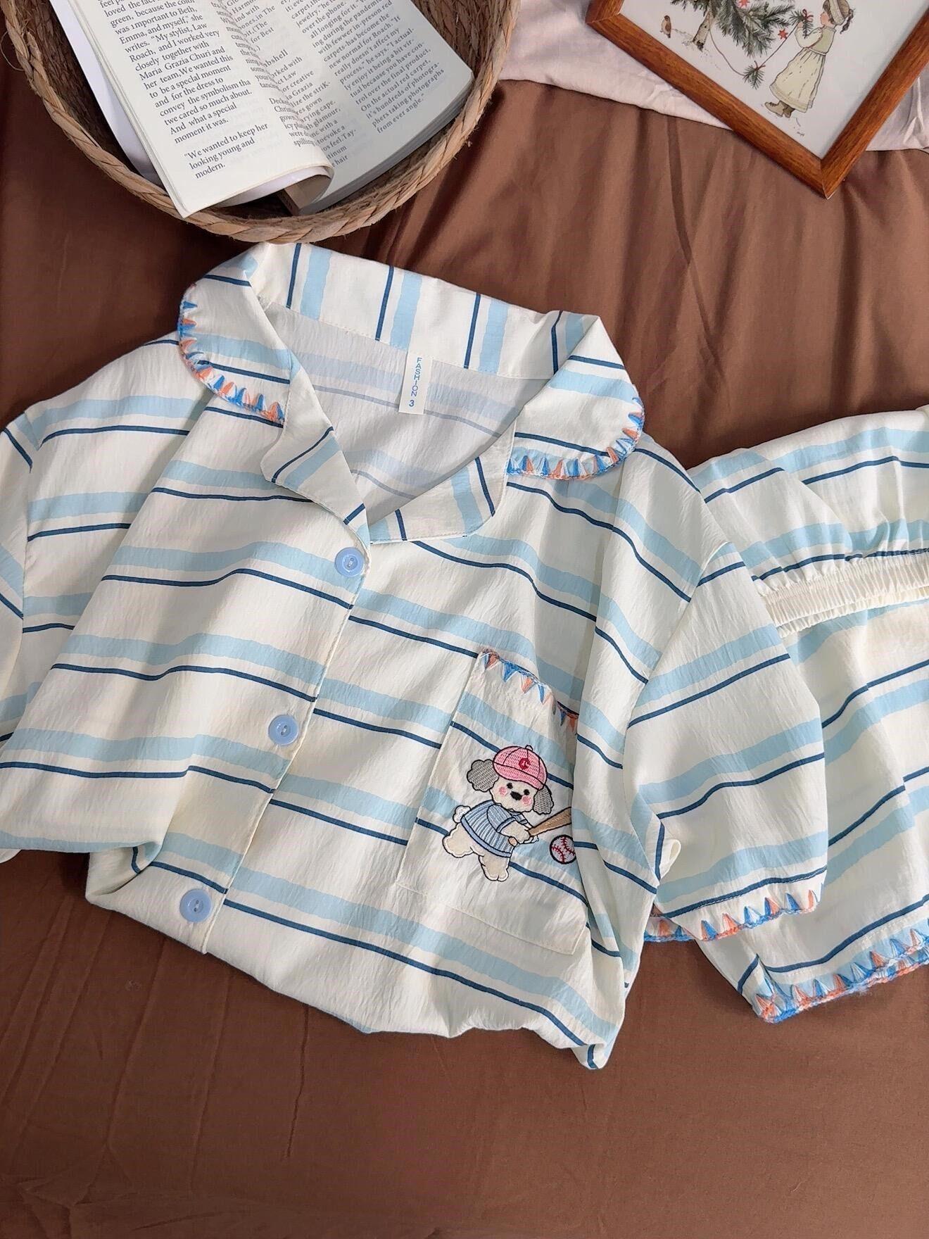 

Blue striped simple wind puppy pajamas women s summer short-sleeved shorts set women s comfortable loungewear two-piece set S