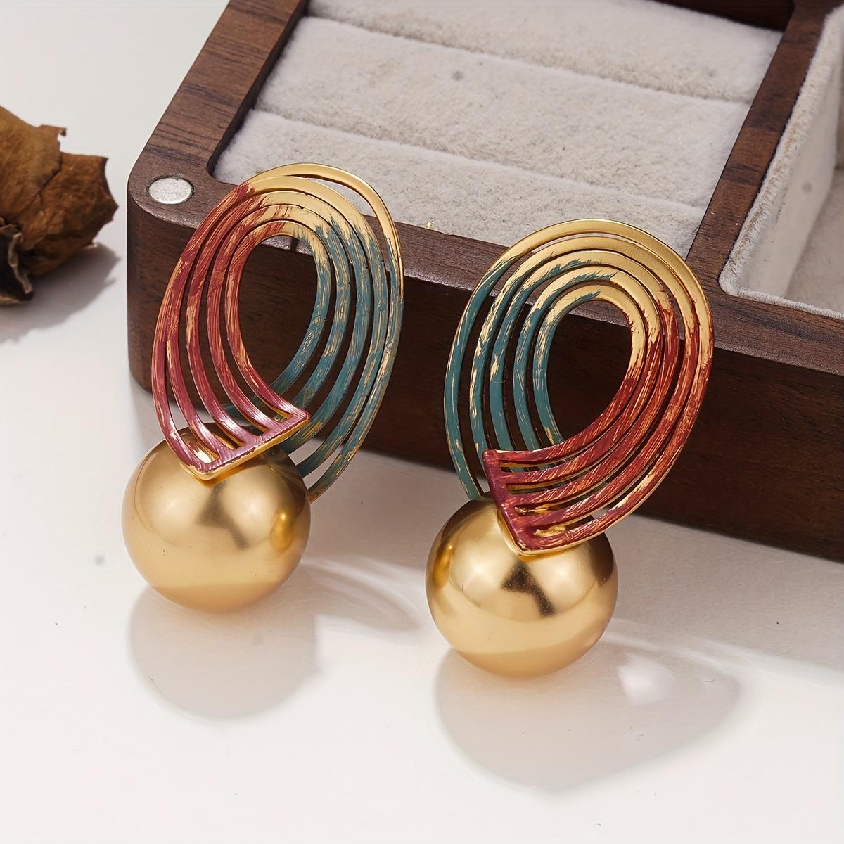 

Elegant Boho-Chic Geometric Earrings - 18K Golden Plated, Colorful Metallic Design with Spherical Accents, Perfect for Daily Wear & Special Occasions,