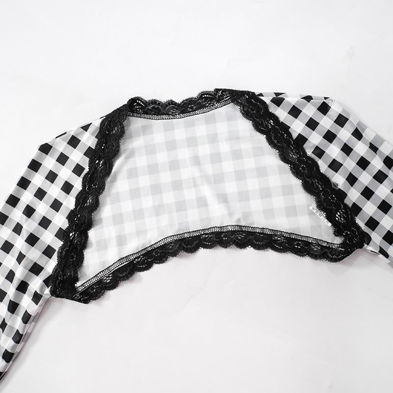 Women's  Lace Plaid Printed Sheath Dress Patchwork Shawl Two Piece Set