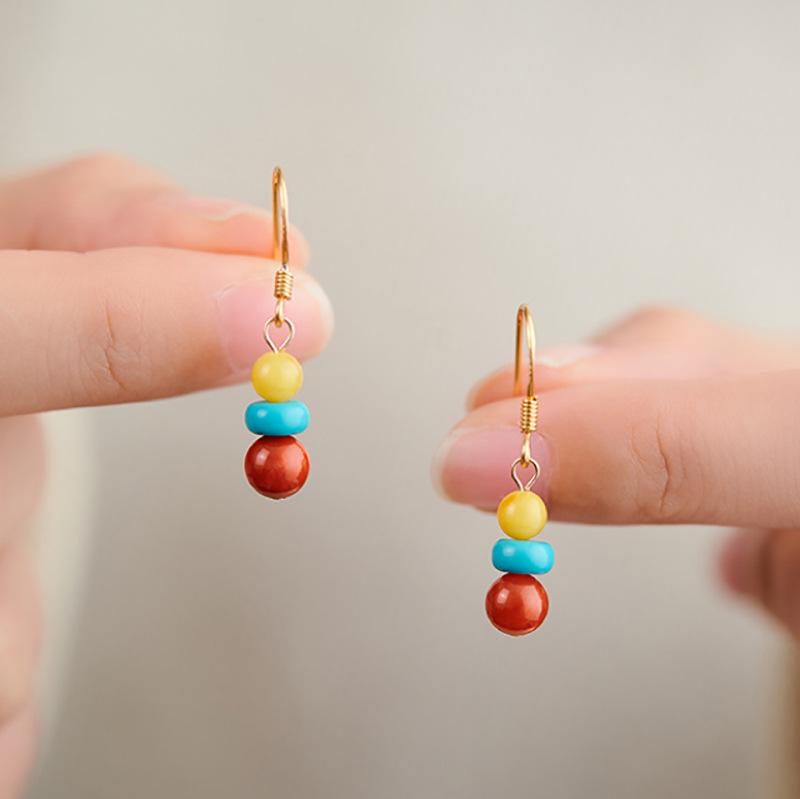 Boucles d'oreilles pendantes en argent style chinois avec agate rouge, turquoise et ambre pour femmes