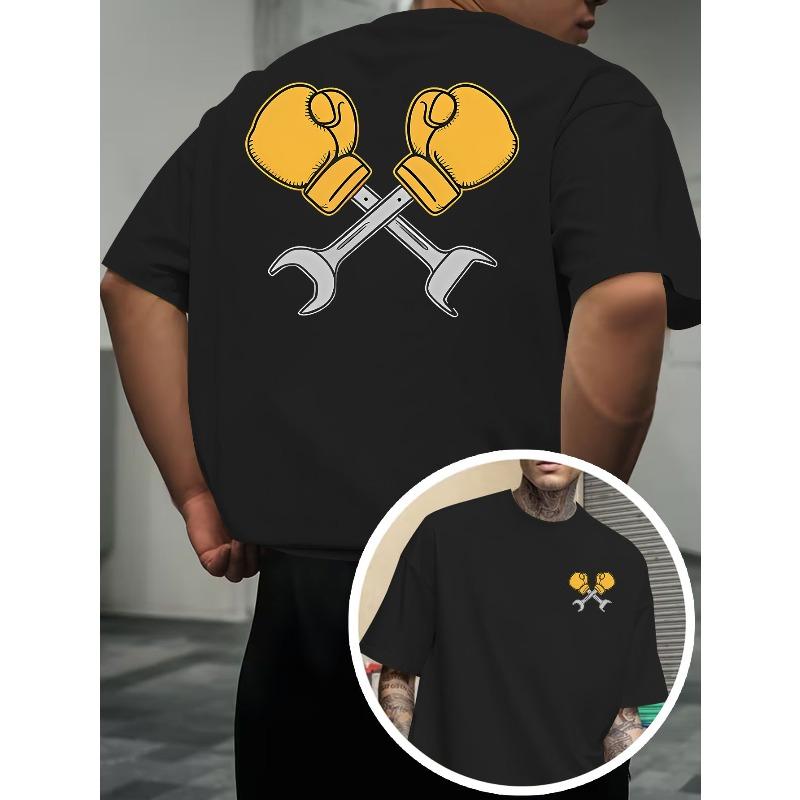 

European Size Boxing Wrench Creative T-Shirt, Featuring a Front and Back Print of a Yellow Boxing Glove and Wrench Crossing Pattern S чёрный