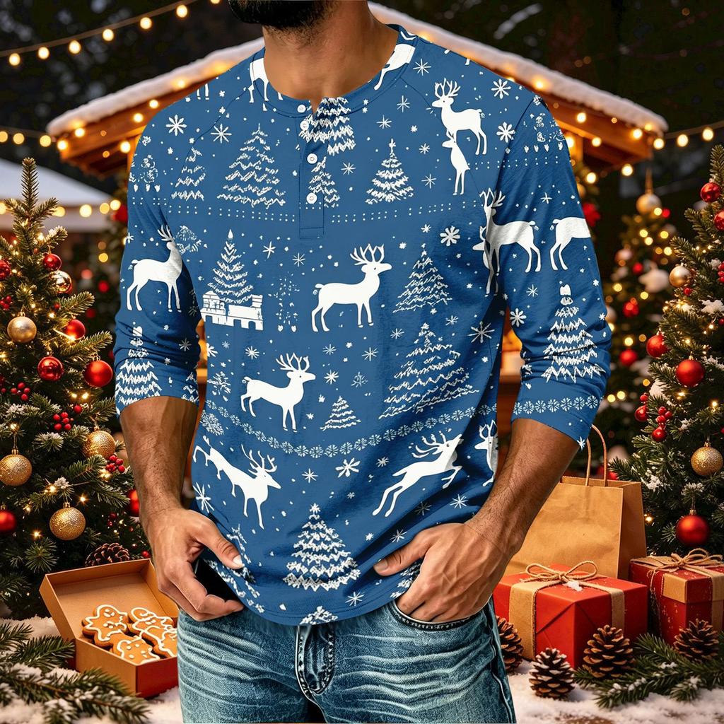 Men's Casual Shirt with Three-Quarter Raglan Sleeves Christmas Print