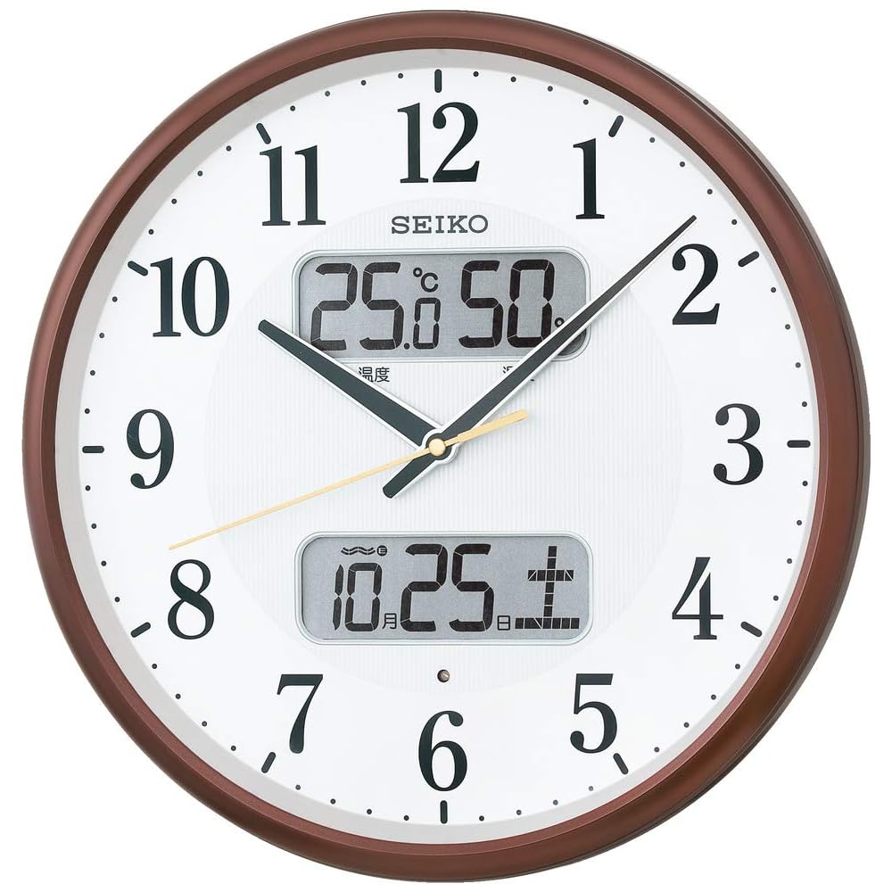 [2-Year Manufacturer s Extended Warranty] Seiko Clock Wall Clock, Radio Controlled, Analog, Calendar, Temperature, Humidity Display, 01: Brown Metalli
