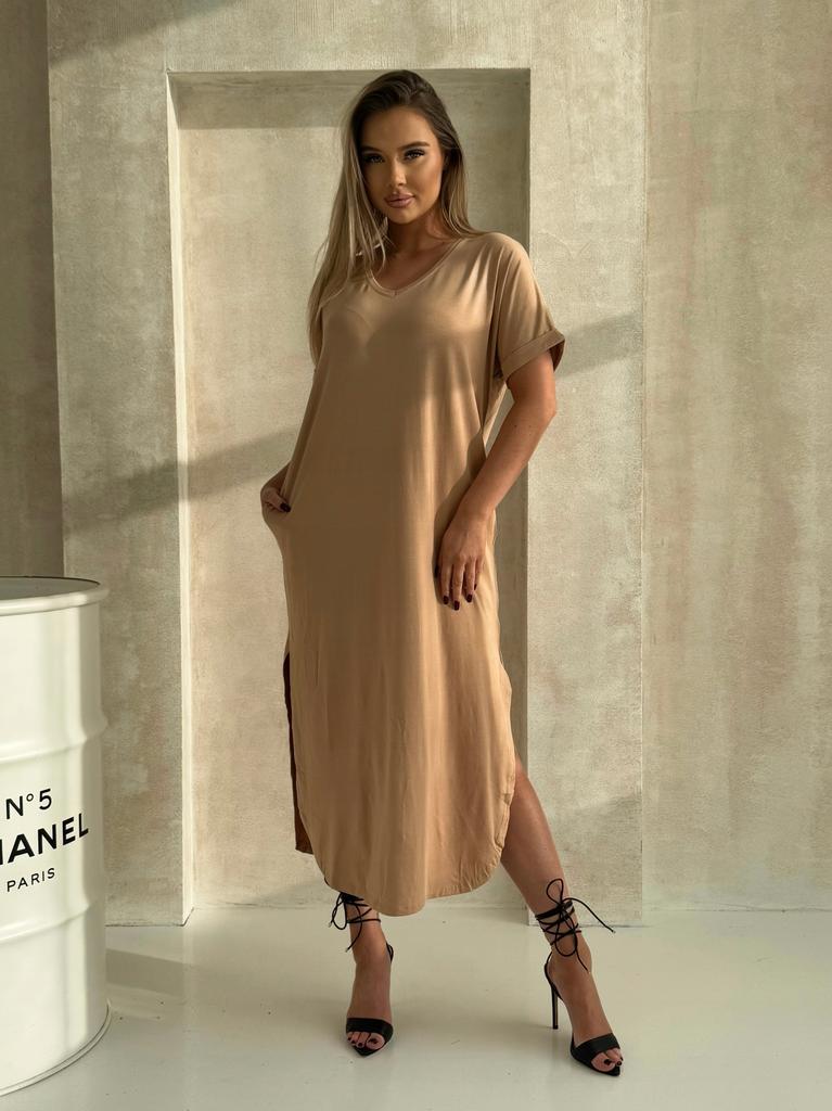 Sukienka damska letnia midi oversize dzianinowa bawełniana beżowy m