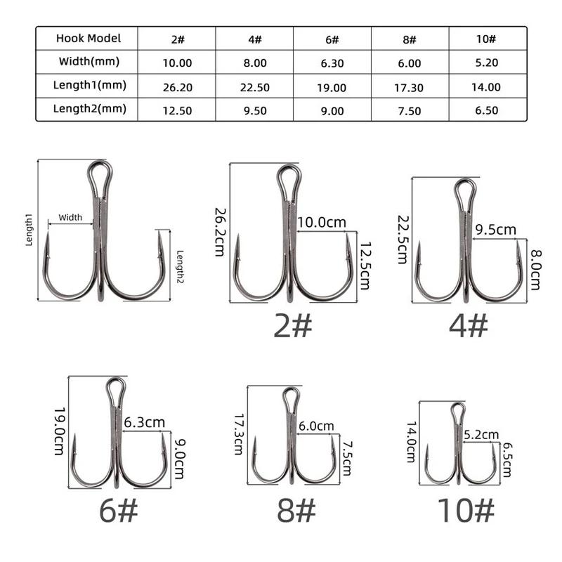 50pcs/box Treble Fishing Hook Fishing Hook High Carbon Steel Treble Overturned Hooks Fishing Tackle Round Bend Treble For Bass