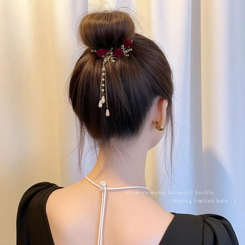 Elegant Tassel Hair Claw Rhinestone Pearl Flower Tassels Hair Clip Women Girl Ponytail Holder Hairpins Fringe Hair Accessories