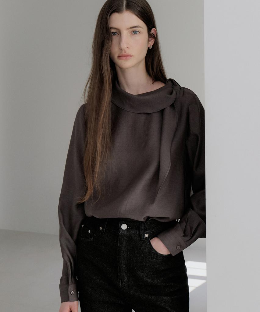 AWOKOMOSEU Scarf Button Blouse (Charcoal) Orc 6111