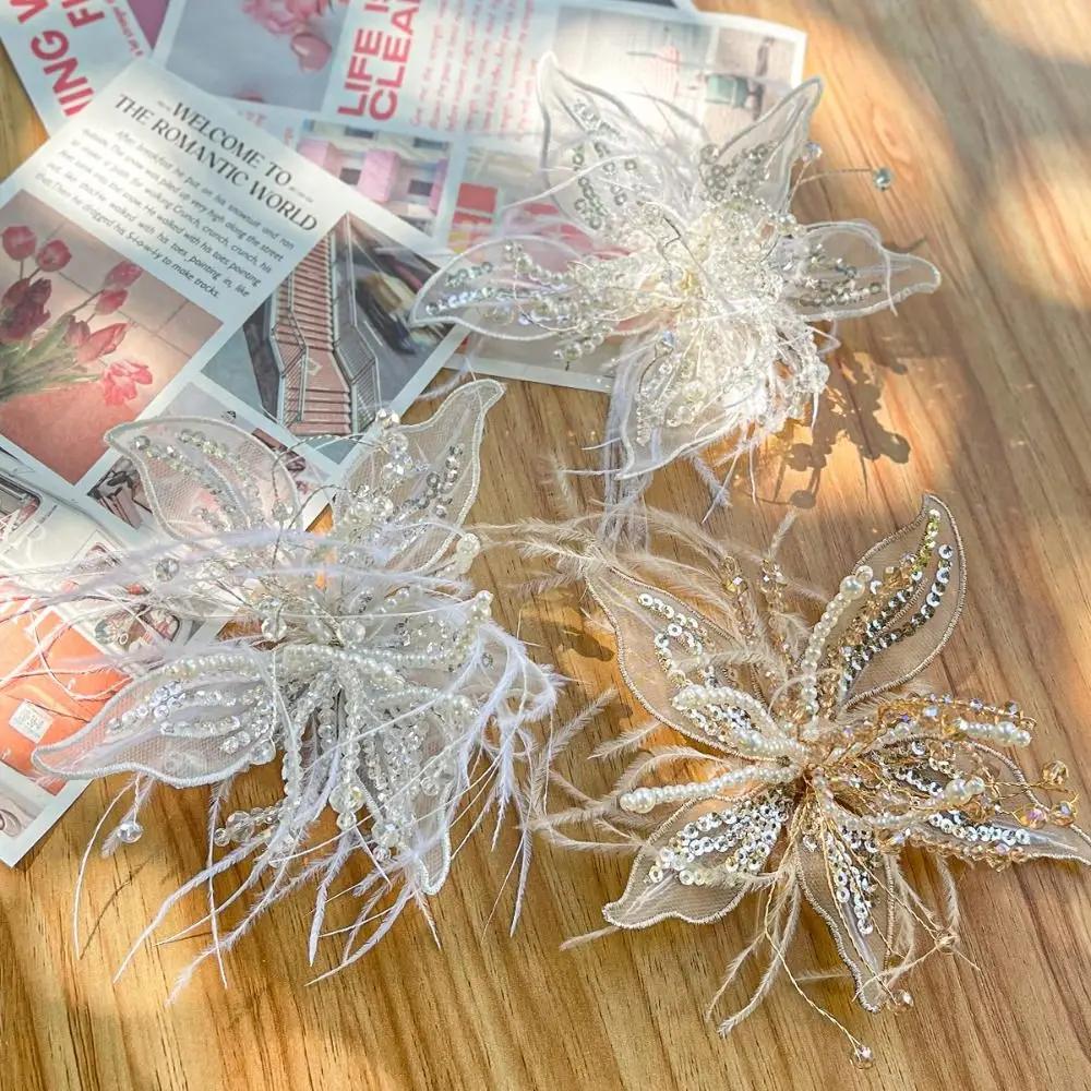 Feather Pearl 3D Organza Flower Patch Twisted Wire Crystal Flower Studded Patch Hand-made Multi-layer Embroidery Patch