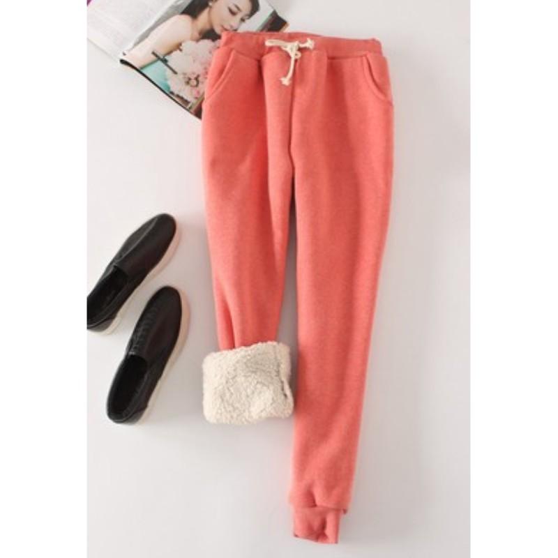 Women's Solid-Color Fleece-Lined Fall/Winter Sweatpants: Lambswool Casual Sweatpants with Cuffed Legs and Drawstrings for Winter