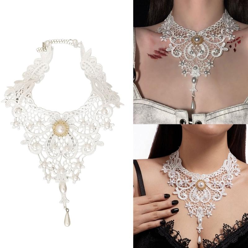 Adjustable Gothic Lace Collar for Women, Ornate White Neckwear with Gold-Tone Center Detail and a Long Drop Pendant for Halloween Cosplay